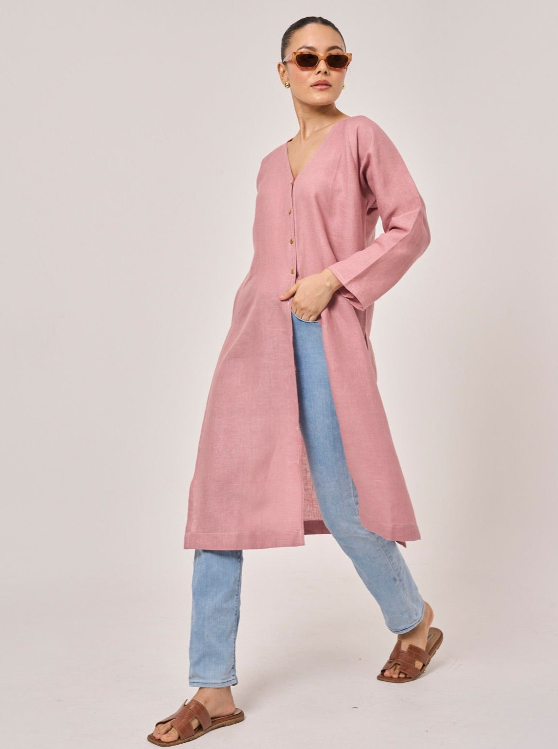 Monaco Linen Long Top - Mauve Pink