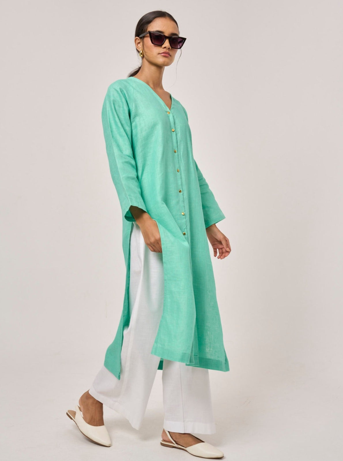 Monaco Linen Long Top - Jade Green