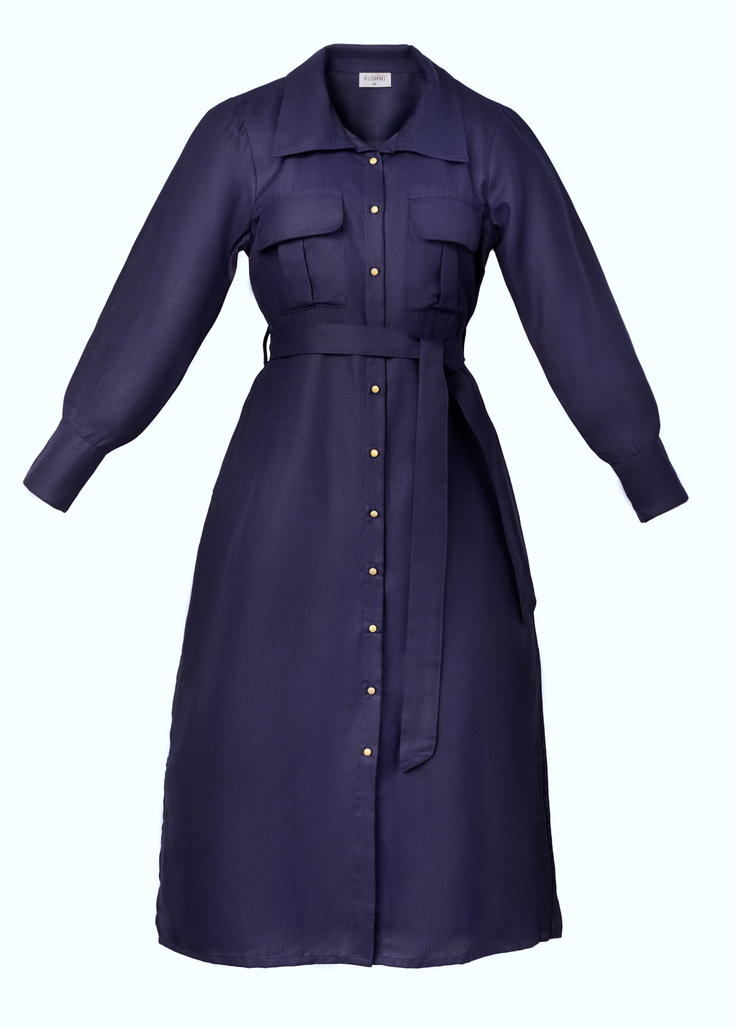 Navy blue dress with a belt on a white background