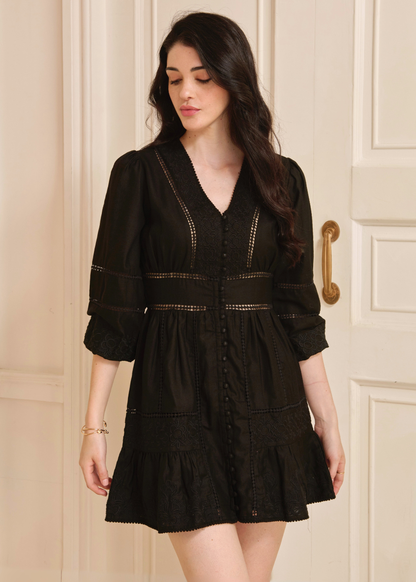 Ivanna Embroidered Mini Dress - Black