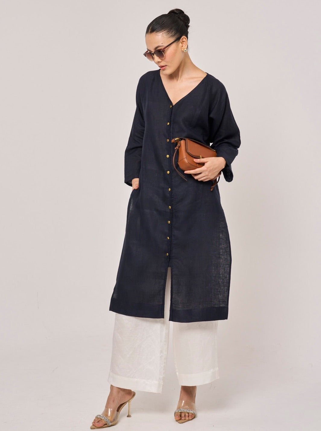 Monaco Linen Long Top - Dark Blue