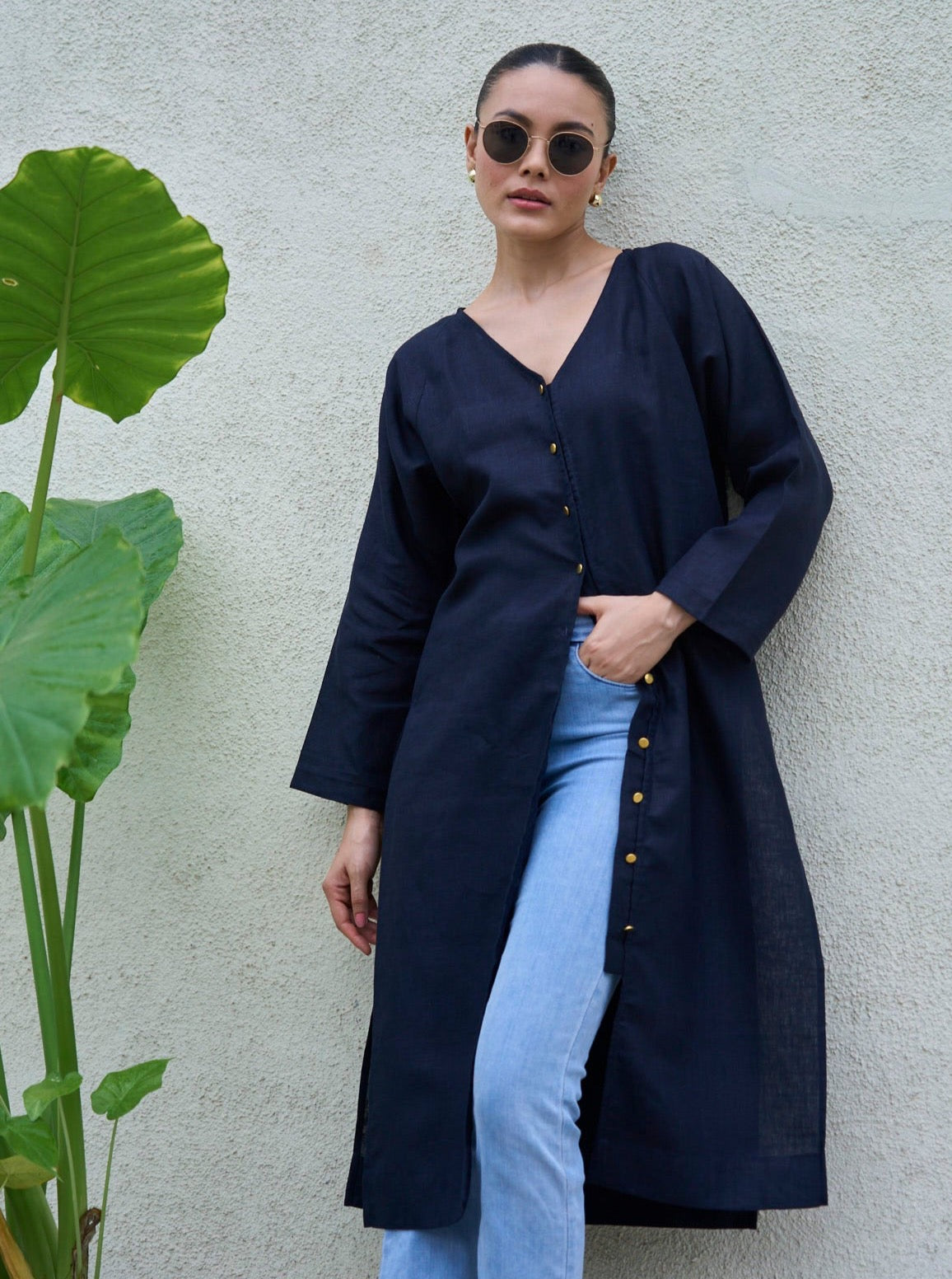 Monaco Linen Long Top - Dark Blue