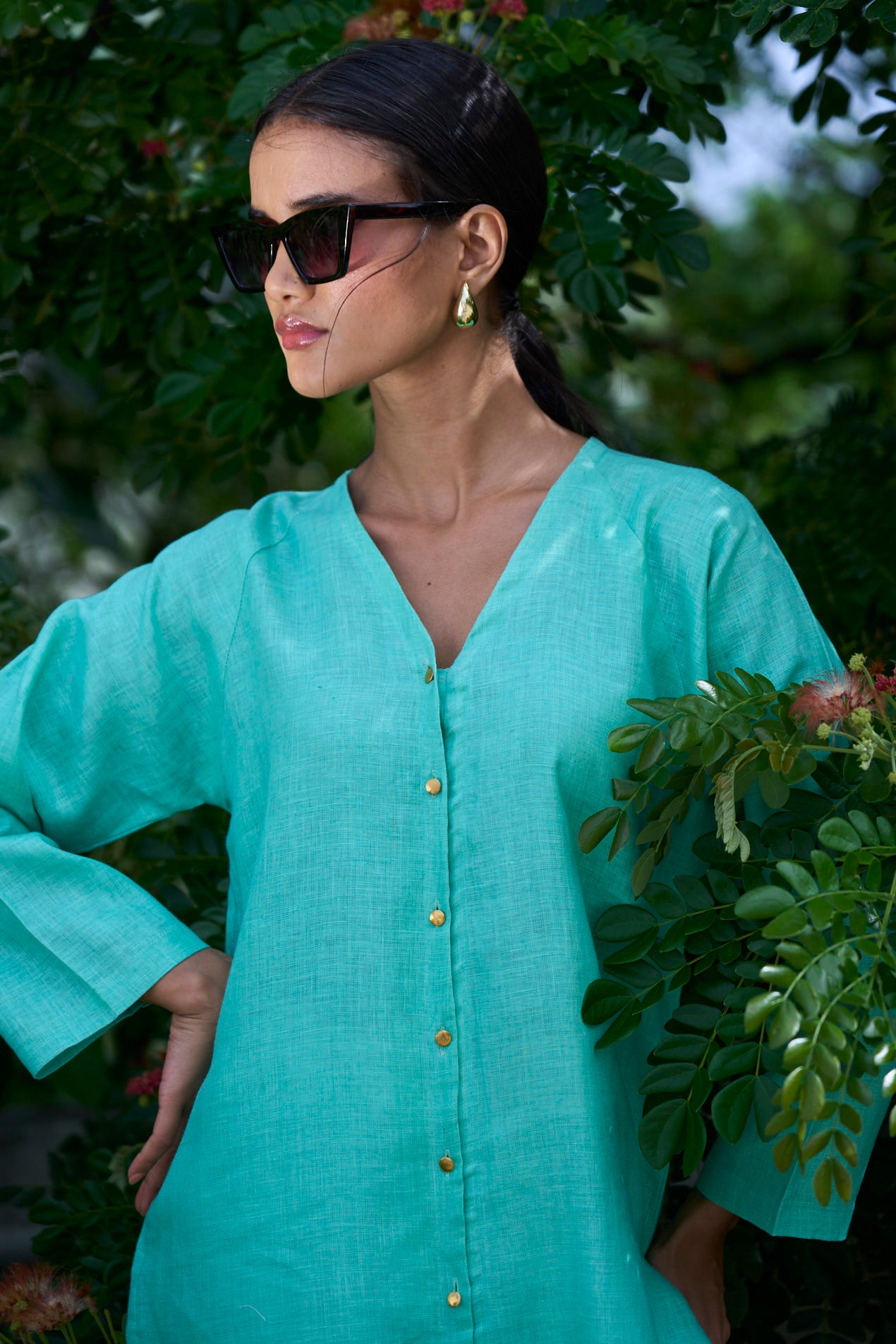 Monaco Linen Long Top - Jade Green