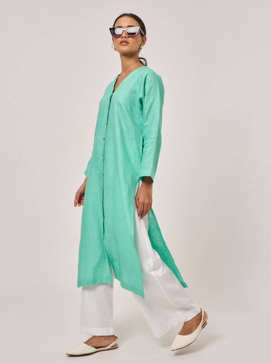Monaco Linen Long Top - Jade Green