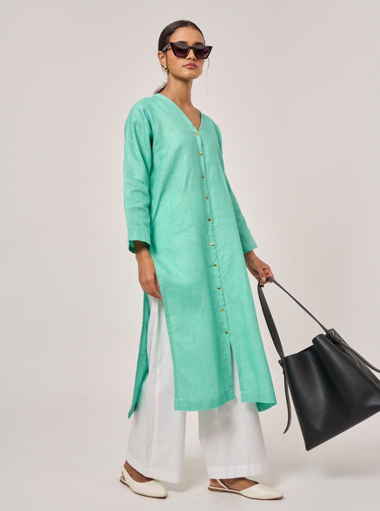 Monaco Linen Long Top - Jade Green