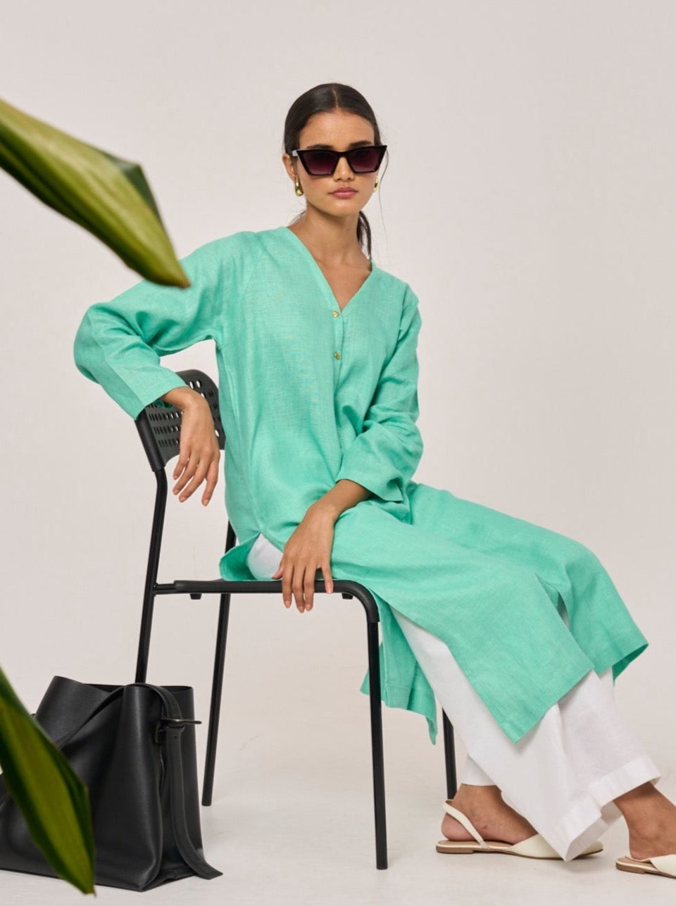 Monaco Linen Long Top - Jade Green