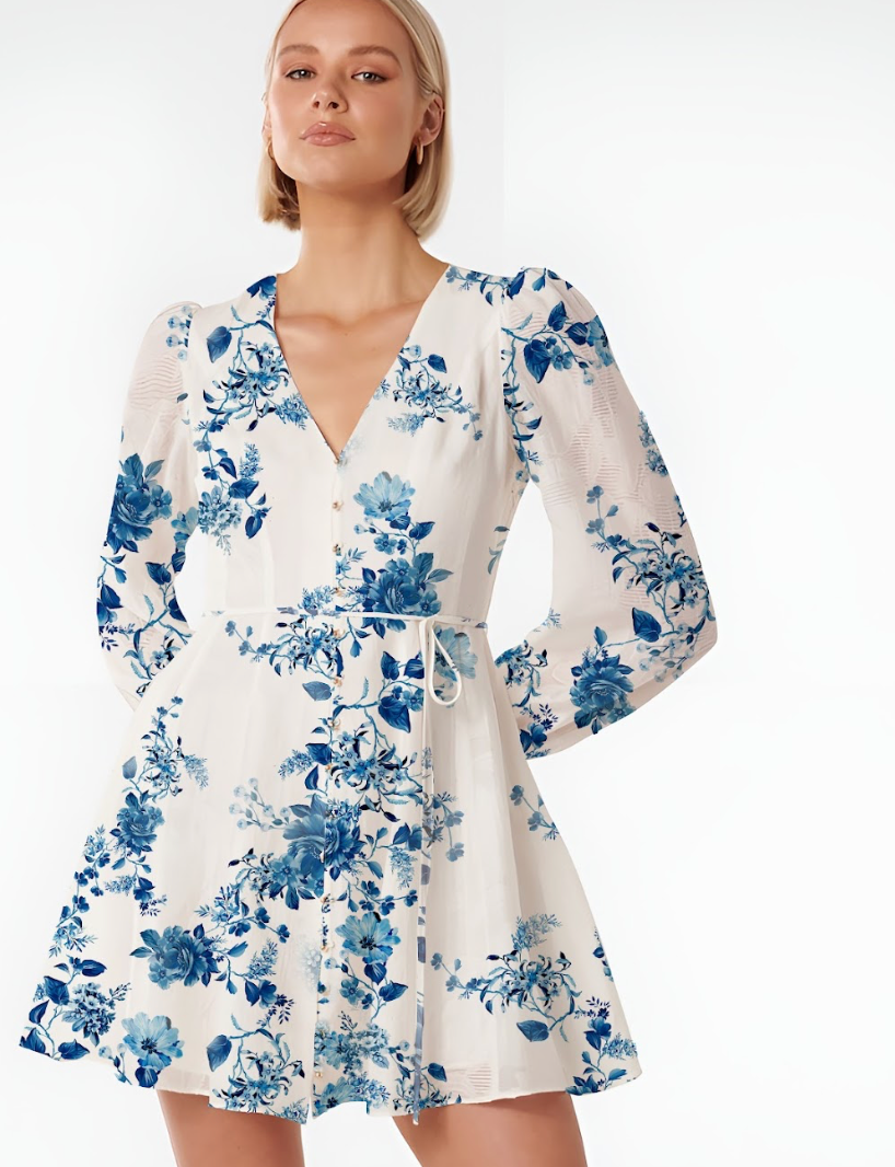 Brie Dress - Blue Floral - Cotton Linen
