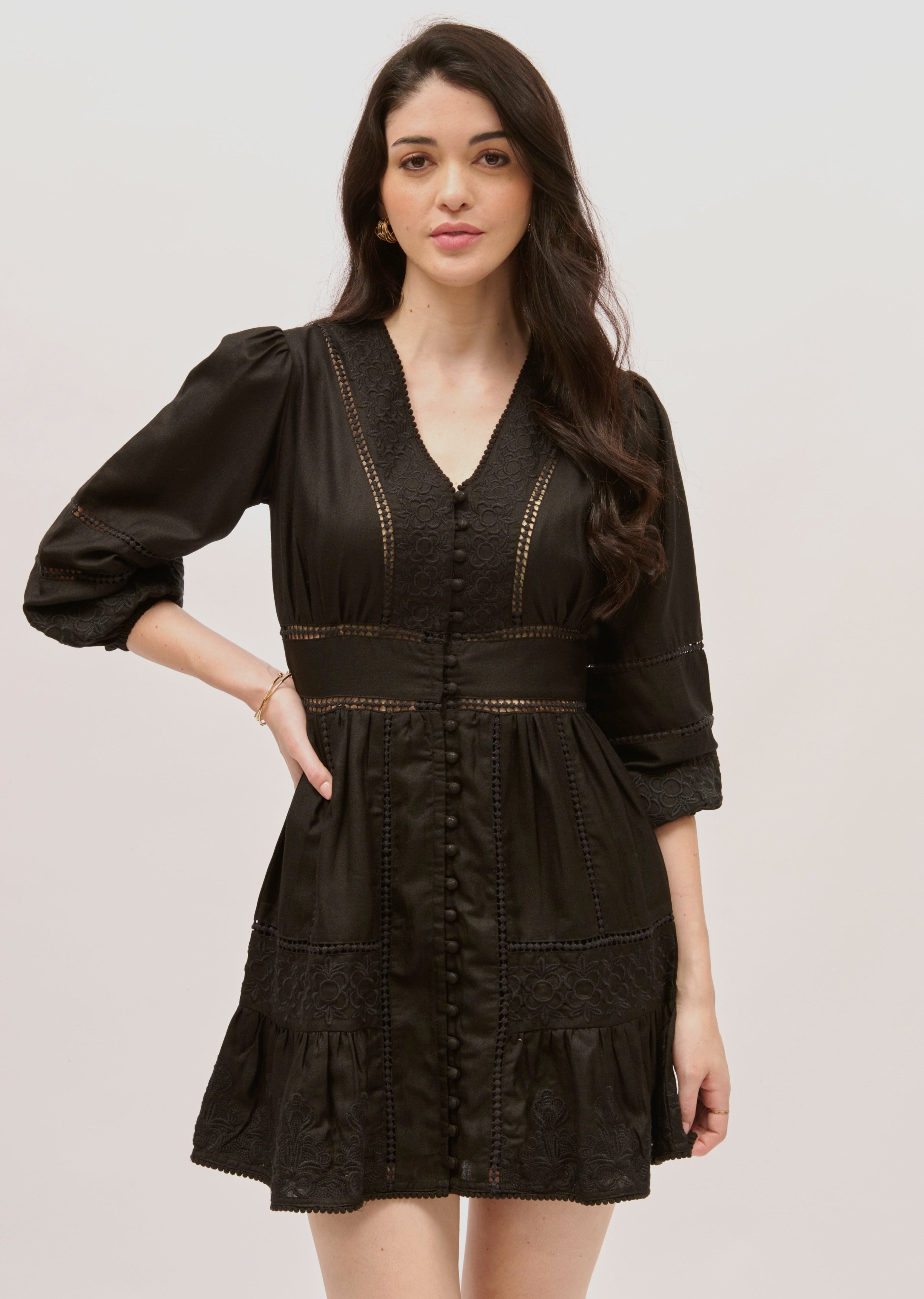 Ivanna Embroidered Mini Dress - Black