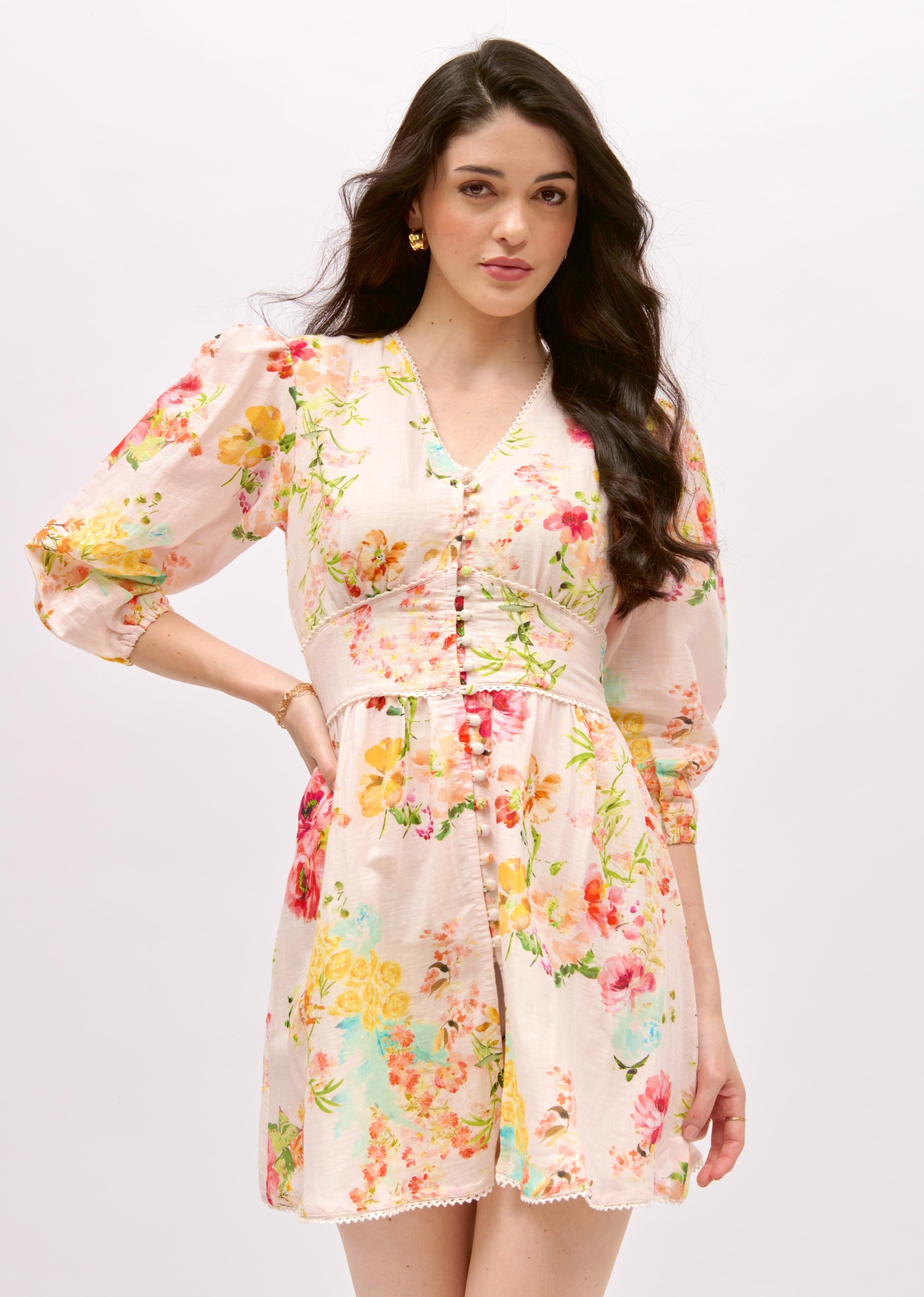 Simone Linen Mini Dress - Multi Floral
