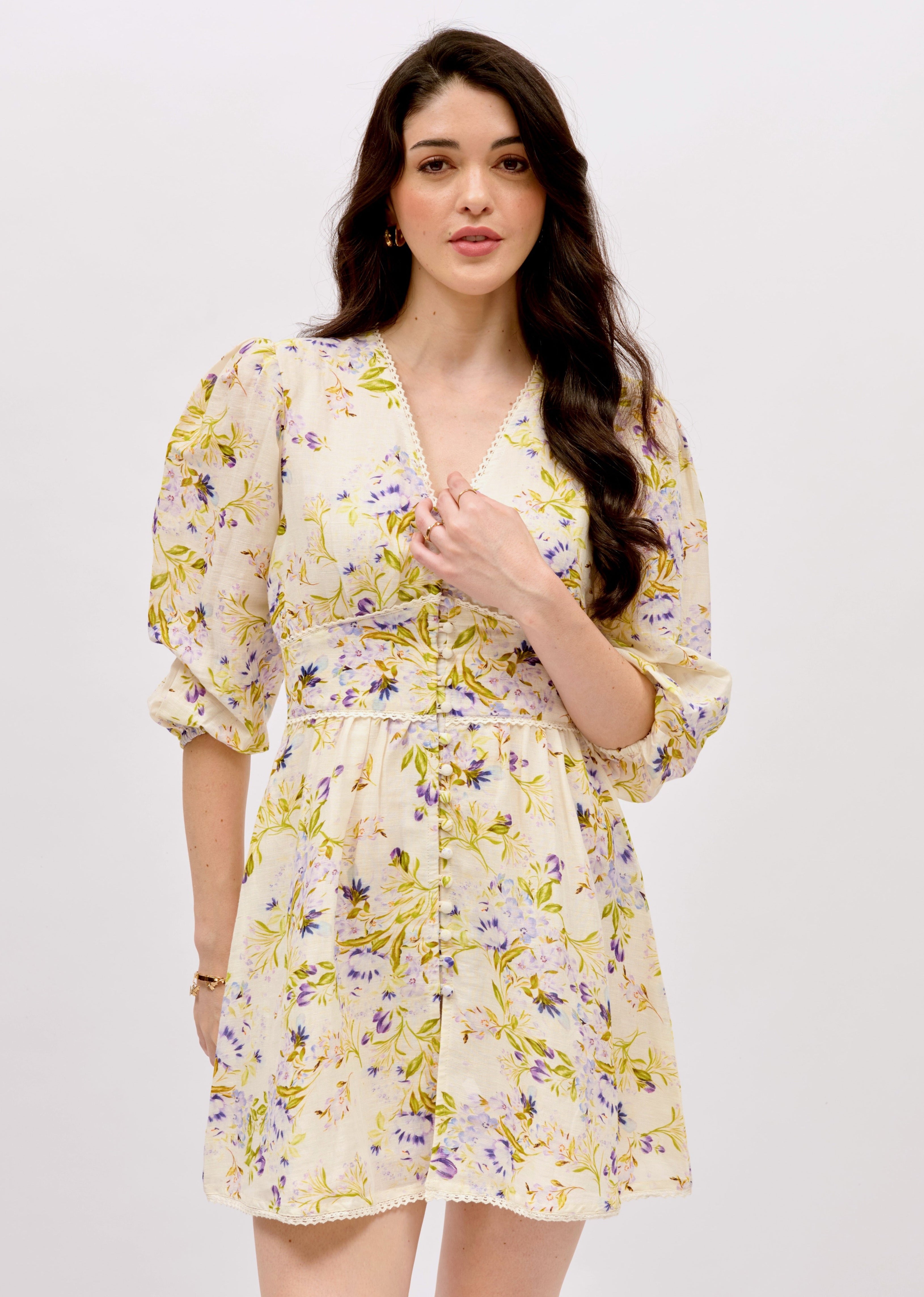 Simone Linen Mini Dress - Blue Floral