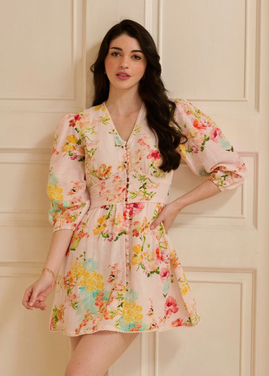Simone Linen Mini Dress - Multi Floral